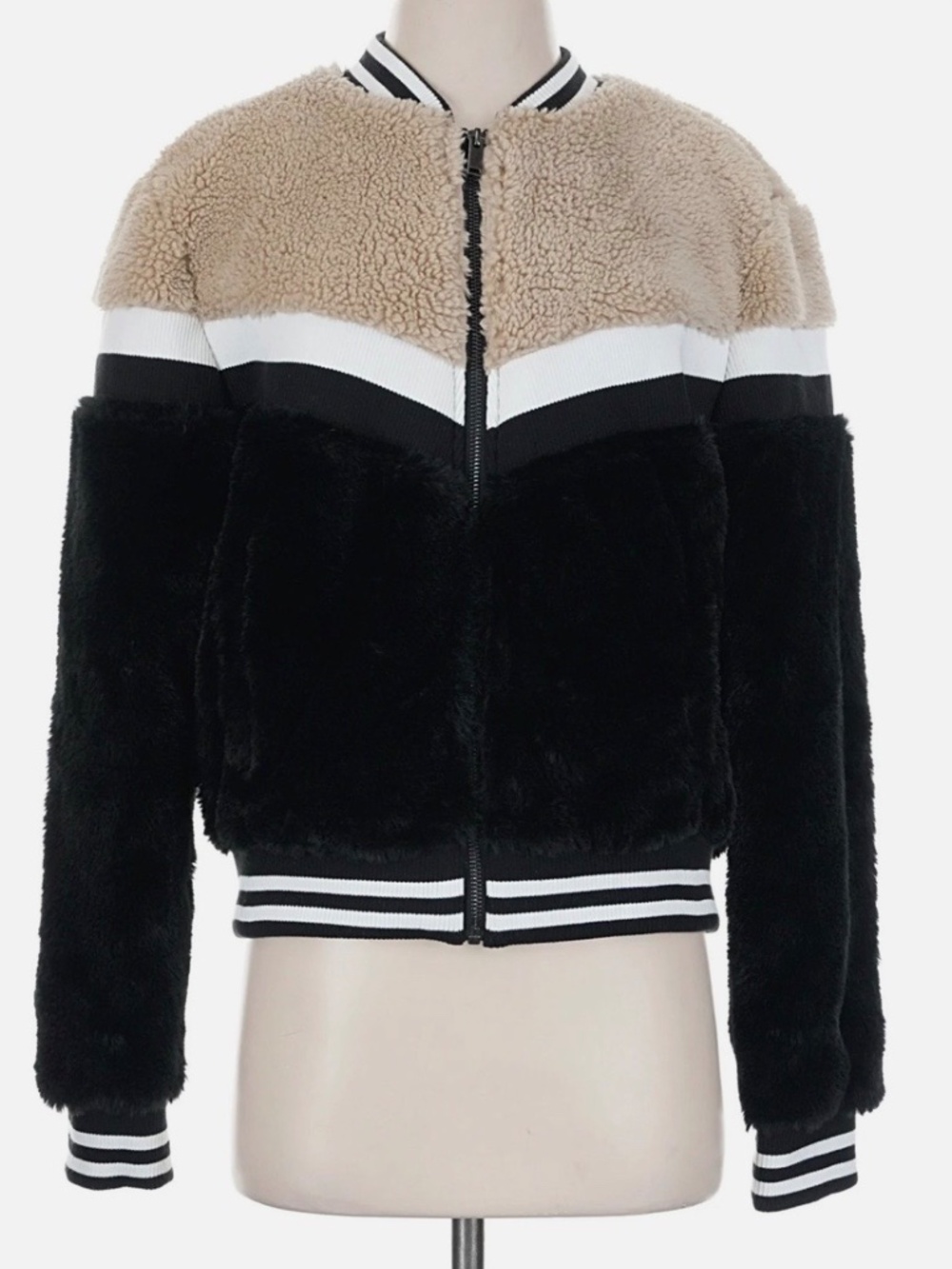 John + Jenn Veronica Bomber Jacket Mixed Faux Fur Sherpa Chevron